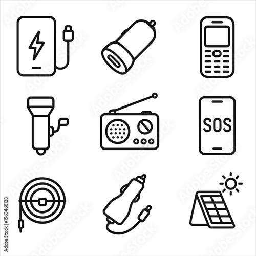 Emergency Power Icons. Line style icons of power and electronics in emergencies: power bank, USB car charger, backup phone,