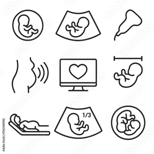Ultrasound Icon Montage. Line style icons of obstetric ultrasound: fetus outline in womb, baby ultrasound printout, transabdominal