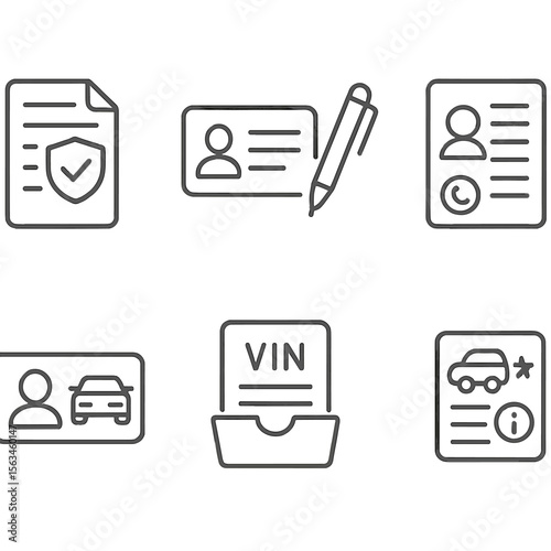 Documentation Icon Set. Line style icons of documentation and ID essentials: insurance papers icon, registration card, pen and