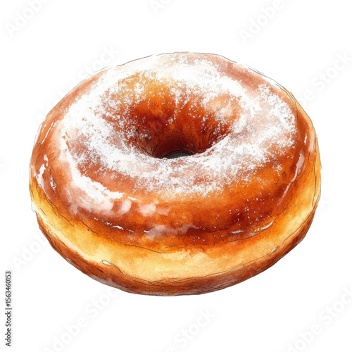 Freshly baked glazed donut with powdered sugar topping isolated on a transparent background, cutout PNG