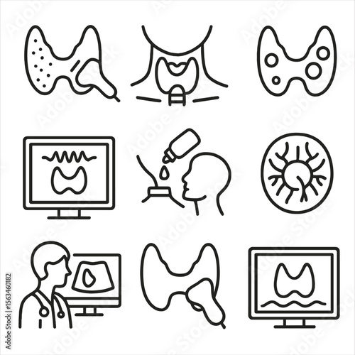 Thyroid Scan Icons. Line style icons of thyroid and neck scan: thyroid gland with probe, neck cross-section, thyroid nodules icon,