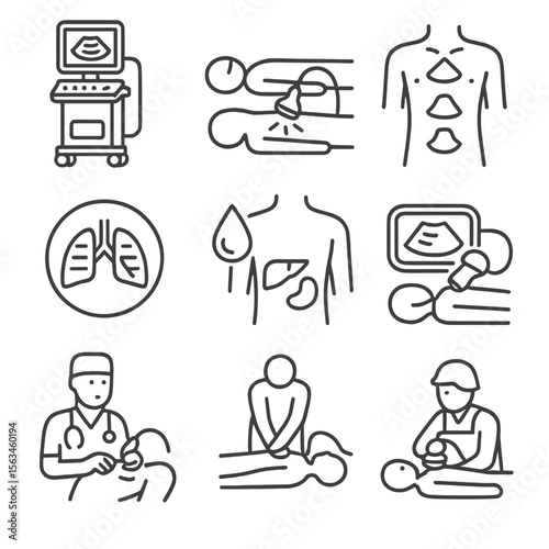 Emergency Ultrasound Icons. Line style icons of emergency ultrasound (POCUS): bedside ultrasound cart, trauma patient scan, FAST