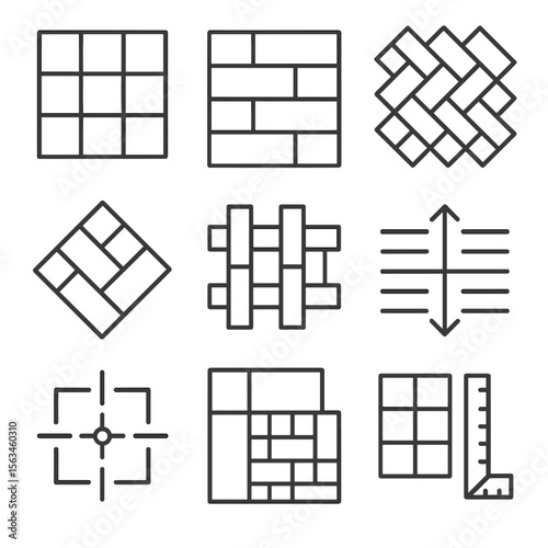 Tile Pattern Icons. Line style icons of tile patterns and layout: grid layout, staggered brick pattern, herringbone layout,