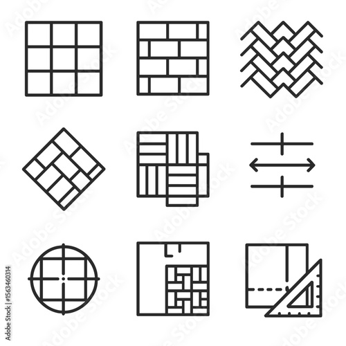 Tile Pattern Icons. Line style icons of tile patterns and layout: grid layout, staggered brick pattern, herringbone layout,