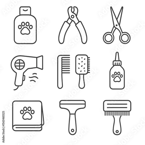 Pet Grooming Essentials Icons. Line style icons of pet hygiene and grooming: shampoo bottle, nail clipper, grooming scissors, pet