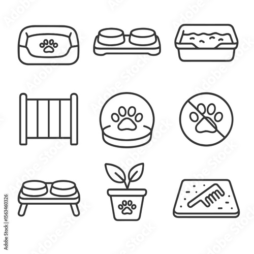 Pet Care Icons. Line style icons of pet care at home: cozy bed, feeding station, litter box icon, pet gate, designated sleeping