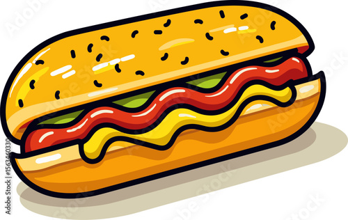 Cartoon Hotdog with Ketchup and Mustard on a Bun