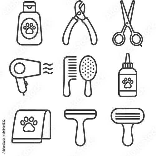 Pet Grooming Essentials Icons. Line style icons of pet hygiene and grooming: shampoo bottle, nail clipper, grooming scissors, pet