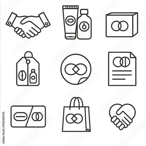 Co-Branding Icons. Line style icons of cross-promotion and co-branding: handshake with logo, dual product bundle, shared logo box,