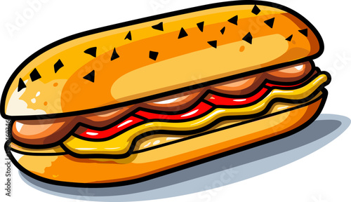 Delicious Cartoon Hotdog Sandwich with Sausage, Ketchup, and Mustard