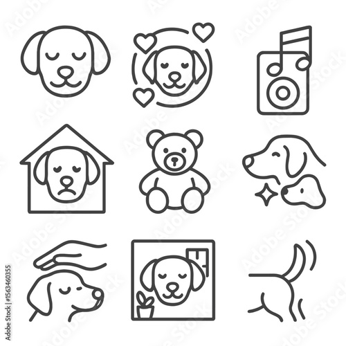 Pet Wellbeing Icons. Line style icons of pet emotional wellbeing: calm pet face, pet with heart aura, soothing music speaker,