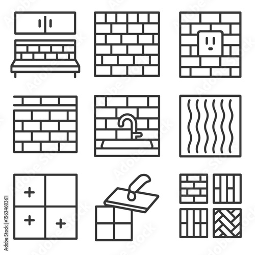 Kitchen Backsplash Icons. Line style icons of kitchen backsplash tiling: countertop to cabinet layout, mosaic backsplash icon,