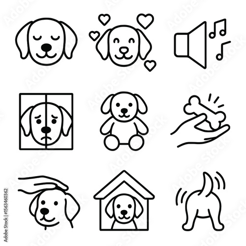 Pet Wellbeing Icons. Line style icons of pet emotional wellbeing: calm pet face, pet with heart aura, soothing music speaker,