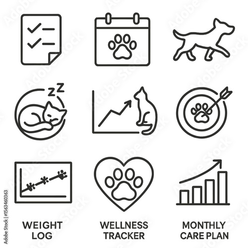 Pet Wellness Icons. Line style icons of pet wellness routines: weekly care checklist, appointment calendar, daily walk symbol,