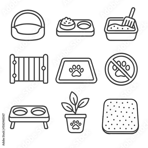 Pet Care Icons. Line style icons of pet care at home: cozy bed, feeding station, litter box icon, pet gate, designated sleeping