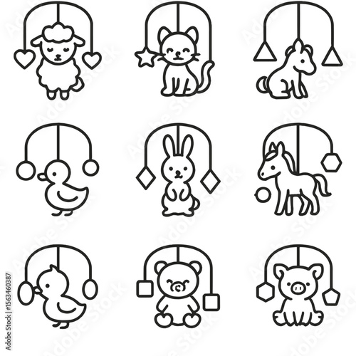 Baby Animal Mobiles. Line style icons of shape mobiles with baby animals: hanging lamb and hearts, kitten and stars mobile, puppy