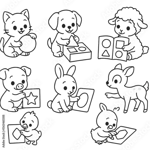 Baby Animals Learning Shapes. Line style icons of baby animals learning shapes: kitten with circle board, puppy placing triangle,
