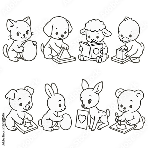 Baby Animals Learning Shapes. Line style icons of baby animals learning shapes: kitten with circle board, puppy placing triangle,