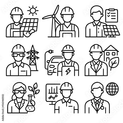 Sustainable Energy Careers. Line style icons of sustainable energy careers: solar panel installer, wind technician, energy auditor