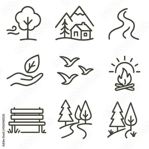 Nature Relaxation Icons. Line style icons of nature for relaxation: tree with calm breeze, mountain retreat icon, flowing river,