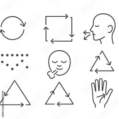 Breathing Techniques Icons. Line style icons of breathing techniques: inhale-exhale arrows, box breathing chart, breathing circle