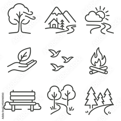 Nature Relaxation Icons. Line style icons of nature for relaxation: tree with calm breeze, mountain retreat icon, flowing river,