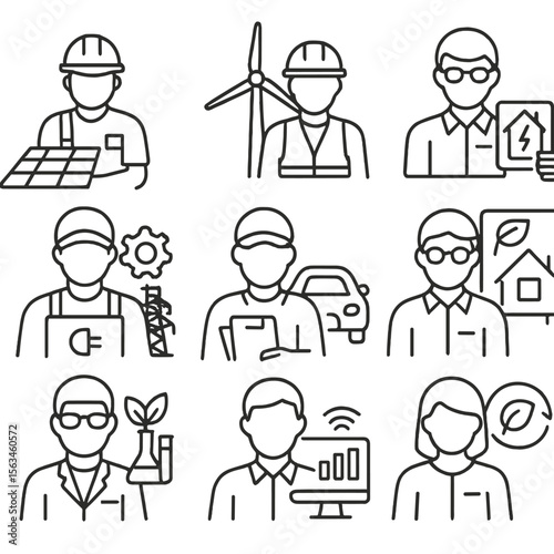 Sustainable Energy Careers. Line style icons of sustainable energy careers: solar panel installer, wind technician, energy auditor