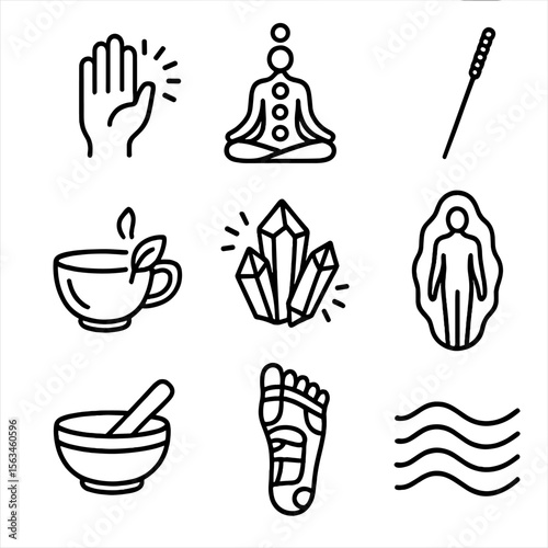Holistic Practice Icons. Line style icons of holistic and alternative practices: reiki hand symbol, chakra alignment figure,