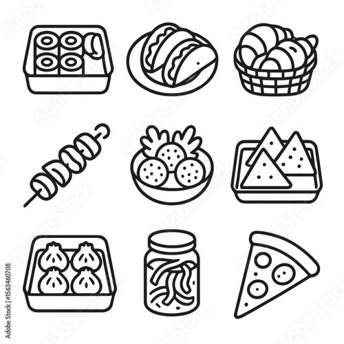 Multicultural Picnic Foods Icons. Line style icons of multicultural picnic foods: sushi roll box, tacos on plate, croissants in