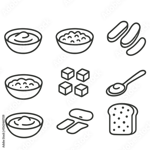 Food Texture Stages Icons. Line style icons of food texture stages: smooth puree icon, mashed texture, small soft lumps, soft