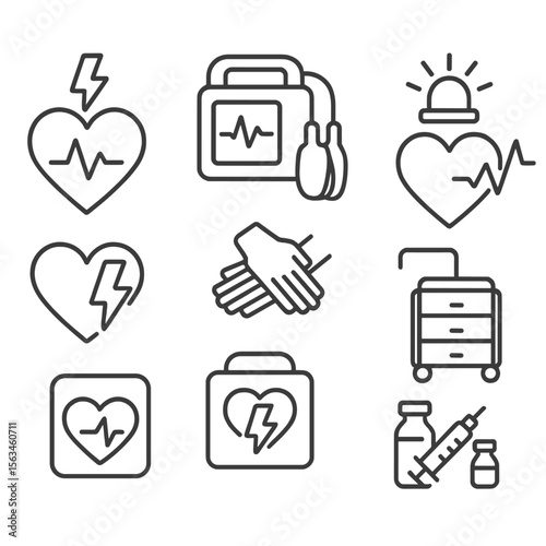 Cardiac Emergency Icons. Line style icons of cardiovascular emergencies: cardiac arrest symbol, defibrillator icon, emergency ECG