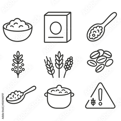 Baby Cereal Icons. Line style icons of baby cereals and grains: oatmeal bowl, rice cereal box, quinoa spoon, barley flakes, millet