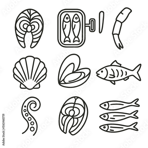Seafood Icons Collection. Line style icons of seafood protein foods: salmon fillet, sardine tin, crab leg, scallop shell, mussel