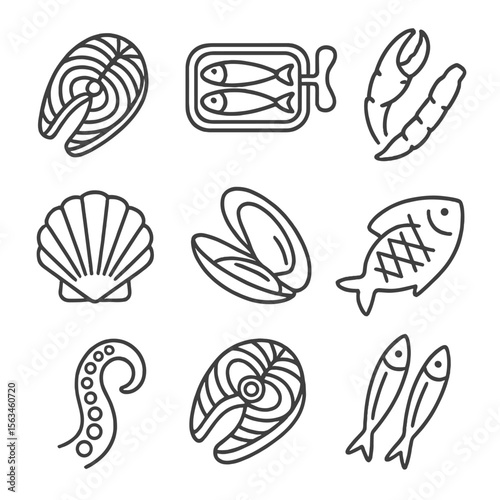 Seafood Icons Collection. Line style icons of seafood protein foods: salmon fillet, sardine tin, crab leg, scallop shell, mussel