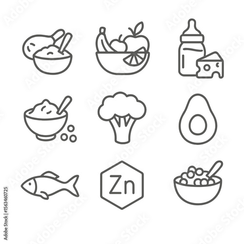 Nutrient-Rich Baby Foods. Line style icons of nutrient-rich baby foods: iron-rich meat mash, vitamin C fruit bowl, calcium dairy
