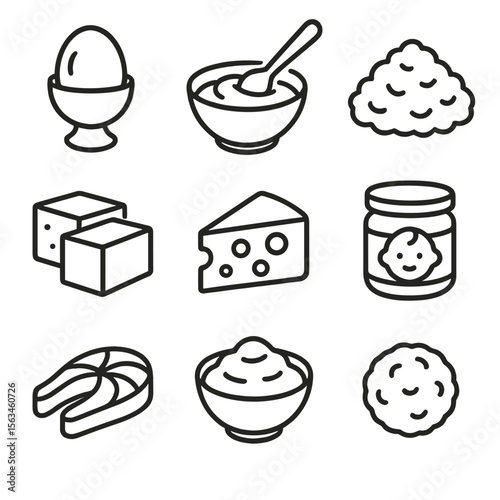 Toddler Protein Icons. Line style icons of protein food for toddlers: soft boiled egg, yogurt spoon, mashed lentils, baby-friendly