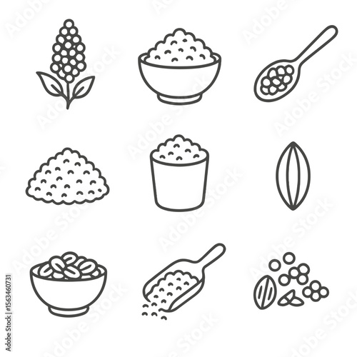 Protein-Rich Grains Icons. Line style icons of protein-rich grains: quinoa cluster, bulgur wheat bowl, buckwheat spoon, millet