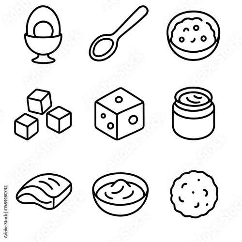 Toddler Protein Icons. Line style icons of protein food for toddlers: soft boiled egg, yogurt spoon, mashed lentils, baby-friendly