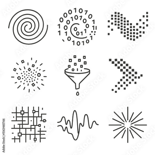 Abstract Data Icons. Line style icons of abstract data concepts: data vortex, binary swirl, fractal bits wave, exploding data