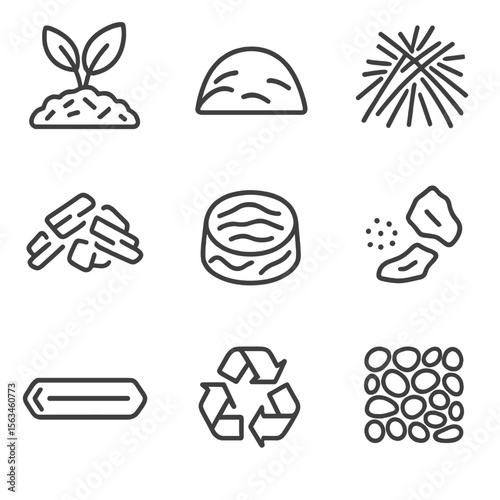 Mulch Types Icons. Line style icons of mulch types comparison: organic vs inorganic, bark vs straw, colored mulch choices, natural