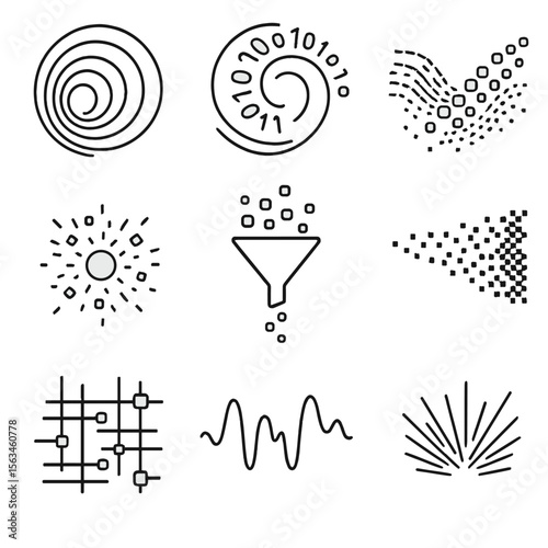 Abstract Data Icons. Line style icons of abstract data concepts: data vortex, binary swirl, fractal bits wave, exploding data