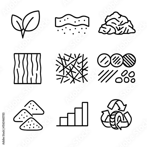 Mulch Types Icons. Line style icons of mulch types comparison: organic vs inorganic, bark vs straw, colored mulch choices, natural