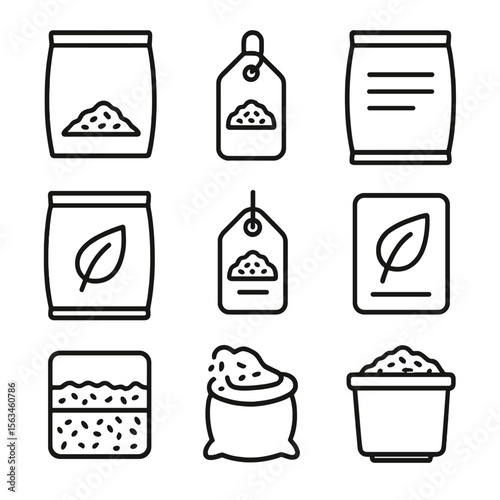 Mulch Packaging Icons. Line style icons of mulch product packaging: labeled mulch bag, mulch weight tag, bag with ingredients list