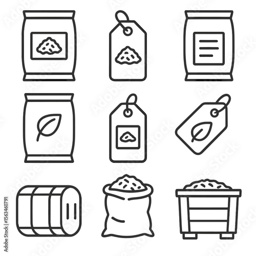 Mulch Packaging Icons. Line style icons of mulch product packaging: labeled mulch bag, mulch weight tag, bag with ingredients list