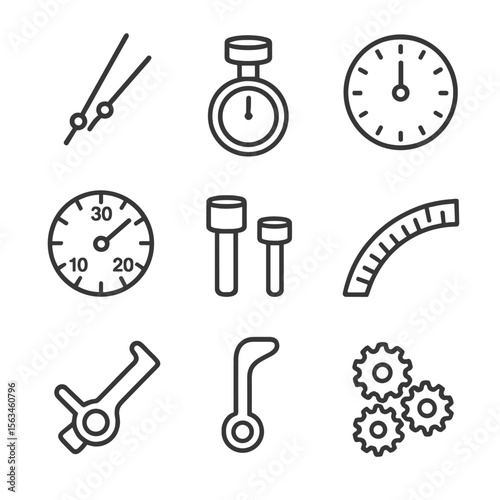 Chronograph Icon Set. Line style icons of chronograph parts: subdial hands, stopwatch button, chronograph dial, minute totalizer,