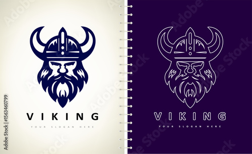 Viking and anchor logo. Scandinavian sailors symbol. Nordic warrior design. Horned Norseman symbol. Barbarian man head icon with horn helmet and beard