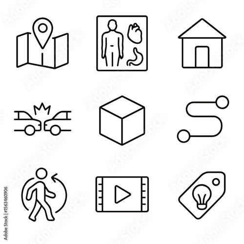 Demonstrative Evidence Icons. Line style icons of demonstrative evidence: map with marker, anatomical chart, physical model icon,