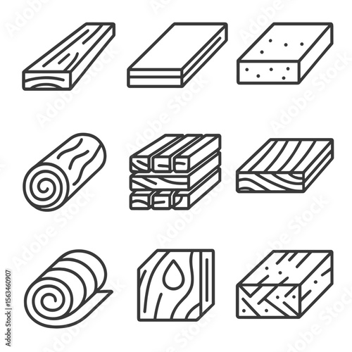 Lumber & Material Icons. Line style icons of lumber and materials: wooden plank, plywood sheet, MDF board, raw log, timber stack,