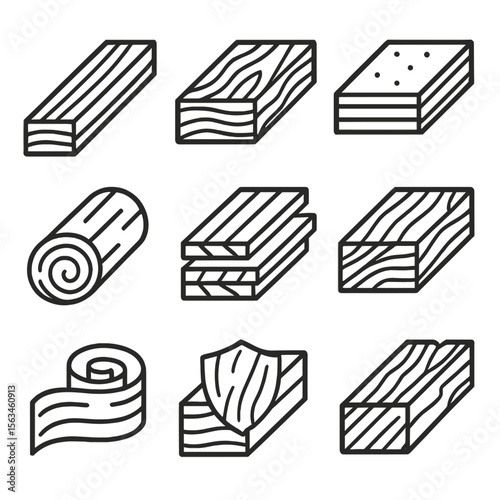 Lumber & Material Icons. Line style icons of lumber and materials: wooden plank, plywood sheet, MDF board, raw log, timber stack,