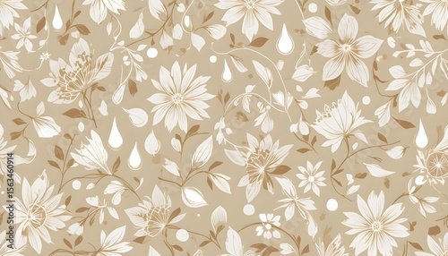 Wallpaper Mural "Seamless Beige Vector Pattern with White Drops in Monochrome Floral Style" Torontodigital.ca